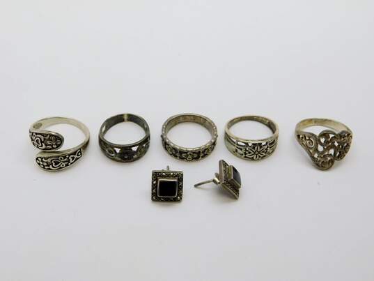 Romantic 925 Sterling Silver Onyx & Marcasite Stud Earrings & Variety Floral Motif Rings 20.1g image number 1