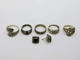 Romantic 925 Sterling Silver Onyx & Marcasite Stud Earrings & Variety Floral Motif Rings 20.1g