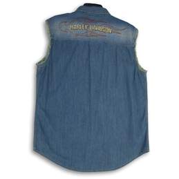 Harley Davidson Mens Blue Denim Embroidered Sleeveless Button-Up Shirt Size L alternative image