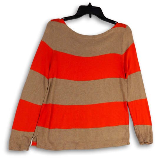 Womens Brown Orange Striped Round Neck Long Sleeve Pullover T-Shirt Size S image number 2