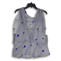 Eva Franco Womens Gray Blue Floral Sequin V-Neck Sleeveless Blouse Top Size L