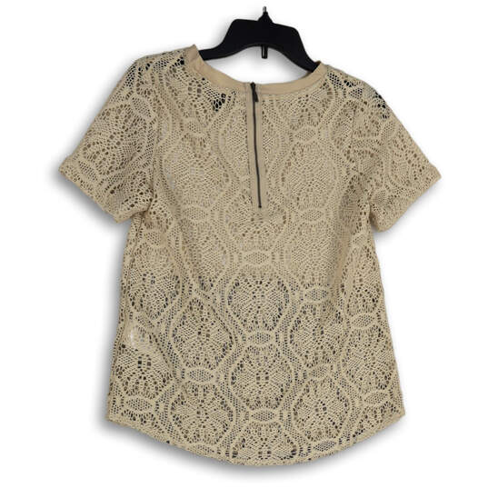 Womens Tan Crochet Short Sleeve Round Neck Back Zip Blouse Top Size S image number 2