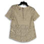 Womens Tan Crochet Short Sleeve Round Neck Back Zip Blouse Top Size S image number 2