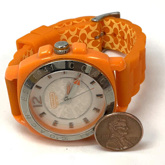 Designer Coach Orange Silicon Strap White Round Dial Analog Wristwatch image number 2