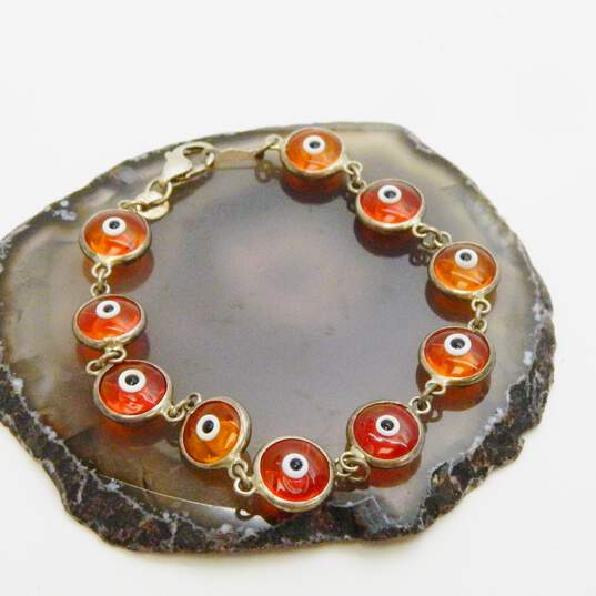 Artisan 925 Art Glass Orange Evil Eye & Brown Beaded Bracelets & Flower Glass Rings 57g image number 3