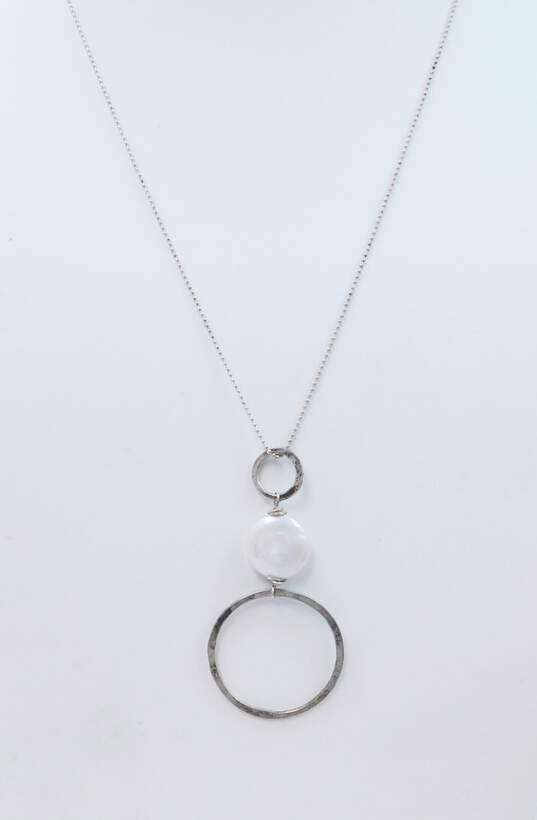 Artisan Sterling Silver Pearl Open Circle & Abstract Pendant Necklaces Pearl Earrings & Hammered & Knot Rings 19.7g image number 6
