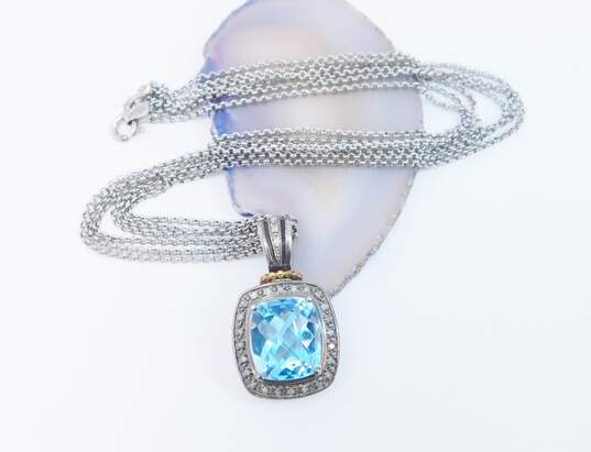 Town & Country 925 & 14K Yellow Gold Blue Topaz Diamond Pave Pendant Necklace 17.8g image number 3