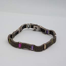 FAS Sterling Silver Marcasite Asst. Gemstone Wavy Link 8 Inch Bracelet w/Safety Chain 24.4g
