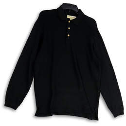 Mens Black Long Sleeve Side Slit Spread Collar Polo Shirt Size Medium