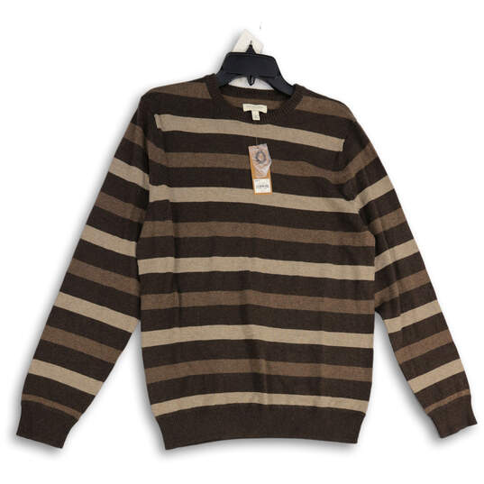NWT Mens Brown Striped Knitted Crew Neck Long Sleeve Pullover Sweater Sz M image number 1