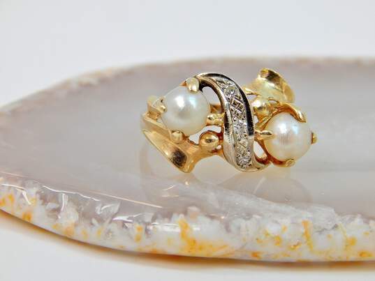 14K Yellow Gold Double Pearl 0.04 CTTW Round Diamond Freeform Ring 2.9g image number 2
