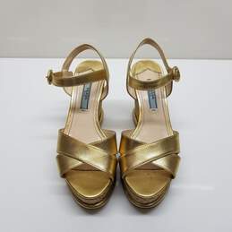 Prada Gold Leather Cork Wedge Heel Open Toe Sandals WM Size 35.5