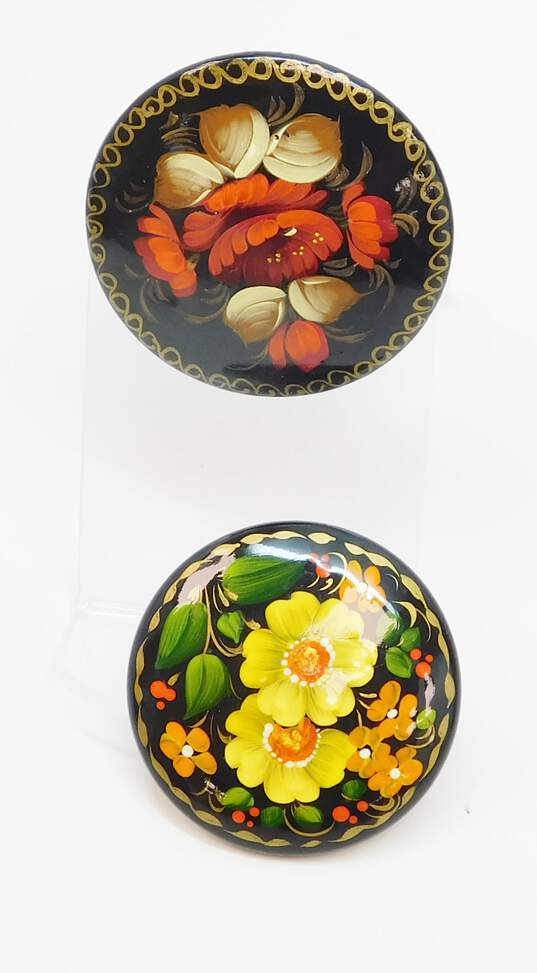 Vintage Ukrainian Hand Painted Golden & Colorful Floral Wood Circle Brooches Variety 16g image number 1