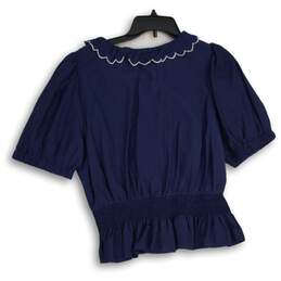 NWT Ann Taylor Womens Navy White Ruffle Neck Smocked Waist Pullover Blouse Top L alternative image