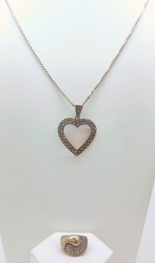Art Deco Style 925 Marcasite Heart Jewelry 20.8g image number 1