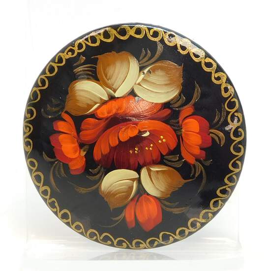 Vintage Ukrainian Hand Painted Golden & Colorful Floral Wood Circle Brooches Variety 16g image number 3
