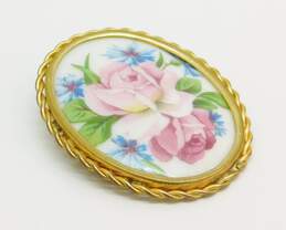 Vintage Limoges Hand Painted Roses Porcelain Brooch