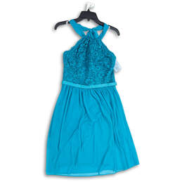 NWT Womens Teal Blue Lace Halter Neck Sleeveless Fit & Flare Dress Size 8