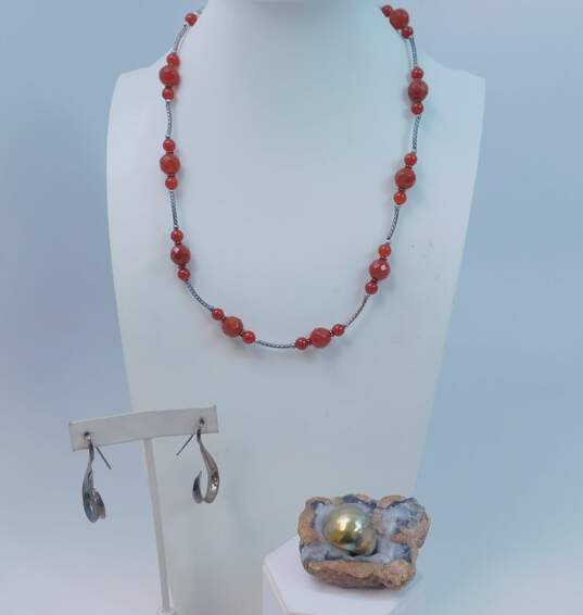Artisan 925 Carnelian Ball & Bar Beaded Necklace Swirled Drop Threader Earrings & Chunky Dome Band Ring 35.1g image number 1