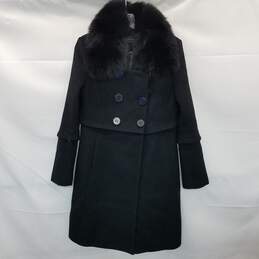 Elie Tahari Black Fox Fur Collar Wool Trench Coat Size 6
