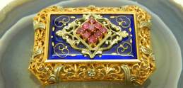 Vintage 18K Yellow Gold Ruby & Cloisonné Blue Enamel Ornate Brooch 17.4g