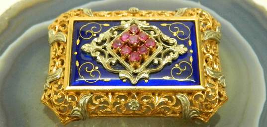 Vintage 18K Yellow Gold Ruby & Cloisonné Blue Enamel Ornate Brooch 17.4g image number 1