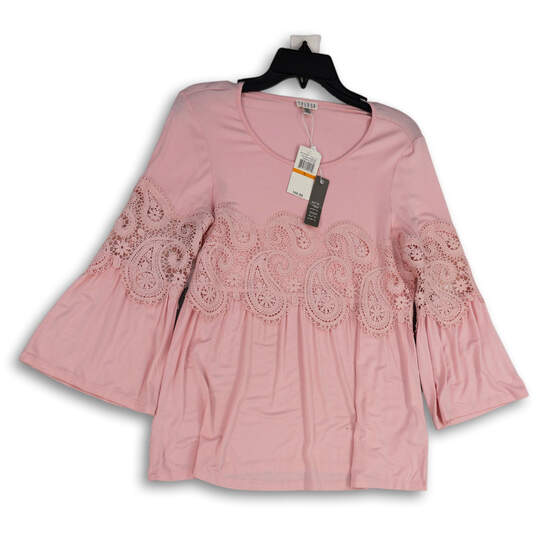 NWT Womens Pink Paisley Lace Bell Sleeve Pullover Blouse Top Size Small image number 1
