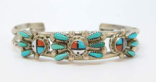 E.A. Ernest Zunie 925 Sterling Silver Turquoise Mother of Pearl & Coral Cuff Bracelet 13.9g image number 1