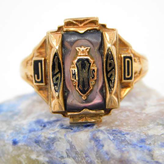 Vintage 10K Gold Purple Mother of Pearl & Black Enamel Class Ring 7.3g image number 1