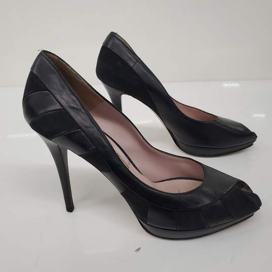 Salvatore Ferragamo Black Leather Peep Toe Stilettos Women's Size 9.5 image number 4