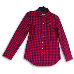 Womens Blue Red Check Long Sleeve Spread Collar Button-Up Shirt Size 0