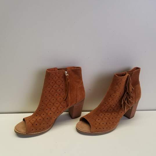 TOMS Majorca Brown Suede Peep Toe Fringe Ankle Zip Heel Boots Shoes Size 9.5 image number 4
