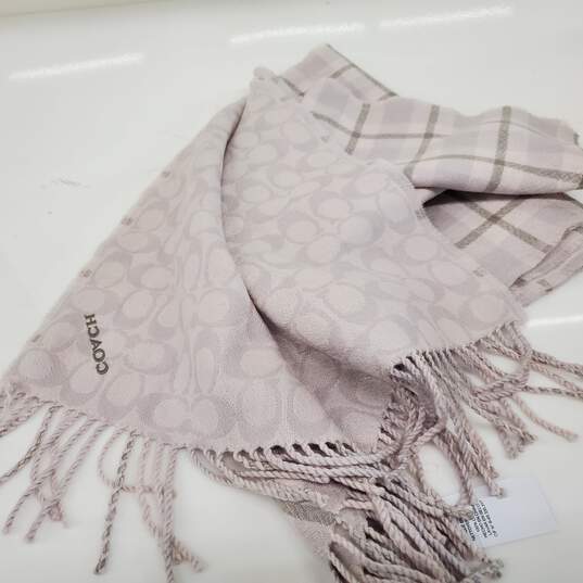 Coach Reversible Signature Plaid Double Face Chalk White Gray Wool Scarf image number 2