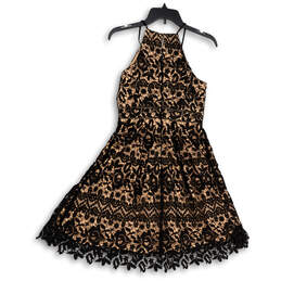 Womens Beige Black Floral Lace Knee Length Fit And Flare Dress Size X-Small alternative image