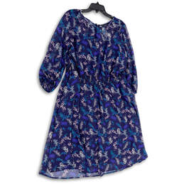 NWT Womens Blue Floral Round Neck Long Sleeve Back Zip Blouson Dress Sz 10
