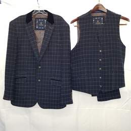 Men's House of Cavani Navy/Tan Check Blazer 3pc Suit Size 44R/38R