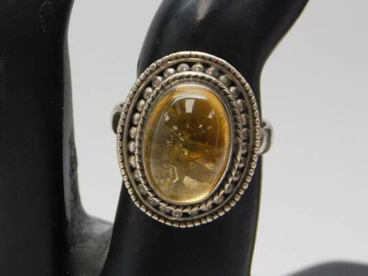 Vintage S Kirk & Son & Artisan 925 Citrine Cabochon Granulated Ring & Floral Repousse Cuff Bracelet 27.7g image number 3