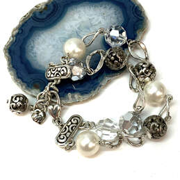 Designer Brighton Silver-Tone Pearl Double Strand Charm Bracelet With Bag