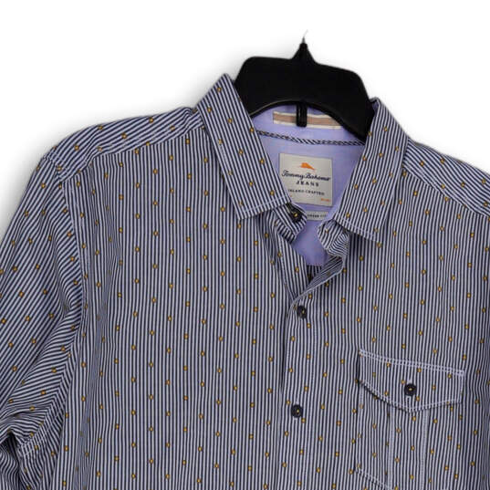 Mens Blue Striped Long Sleeve Front Pocket Collared Button-Up Shirt Size L image number 3