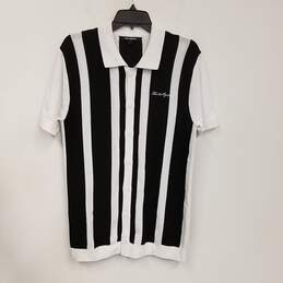 Mens Black White Striped Short Sleeve Collared Button Up Shirt Size Medium