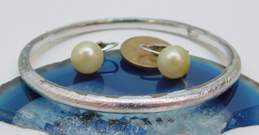 VNTG Crown Trifari Silver Tone Faux Pearl Earrings & Bangle Bracelet alternative image