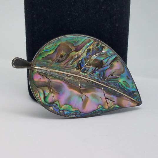 Vintage Sterling Silver Abalone Inlay Leaf Brooch 12.1g image number 2