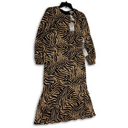 NWT Womens Black Tan Zebra Print Long Sleeve Round Neck Sheath Dress Sz S