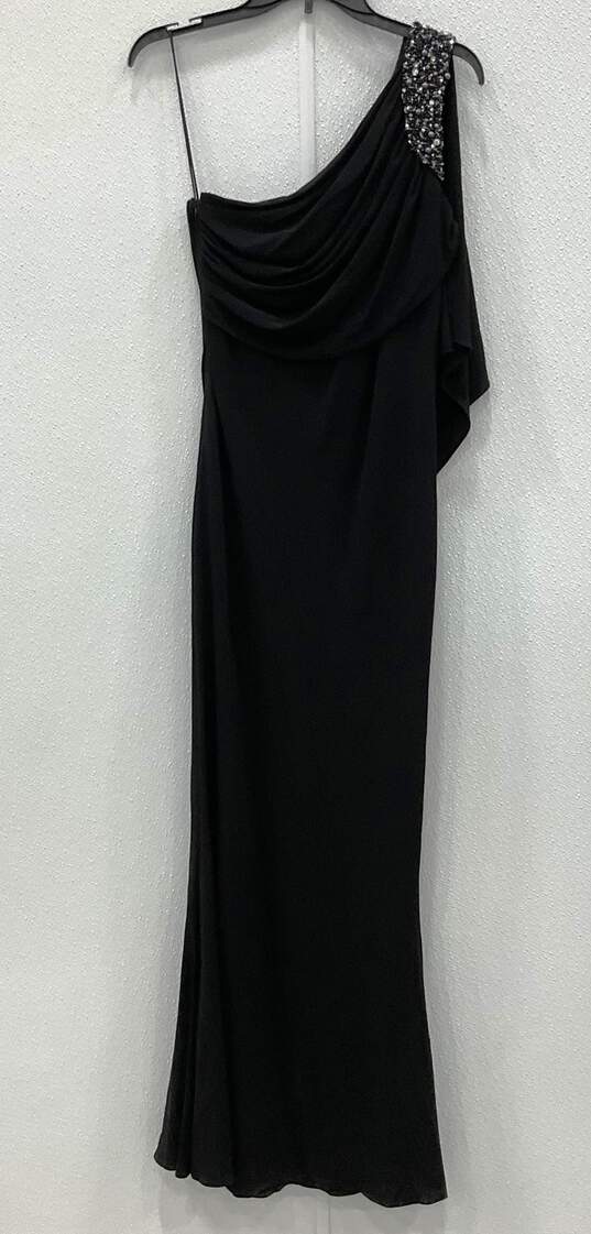 Badgley Mischka Collection One Shoulder Black Midi Dress image number 2