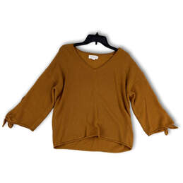 Womens Brown V-Neck Tight-Knit Long Sleeve Pullover Sweater Size Medium