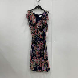 NWT Womens Blue Pink Floral Print V-Neck Back Zip Fit & Flare Dress Sz XXL