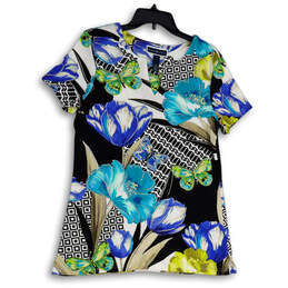 Womens Multicolor Floral Split Neck Short Sleeve Pullover Blouse Top Size M