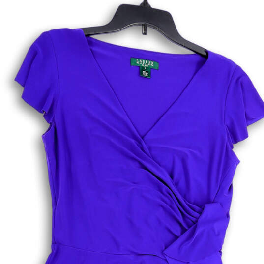 Womens Purple Flutter Sleeve Side Ruched Ruffle V-Neck Wrap Dress Size 8 image number 3