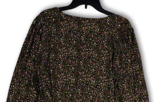 Womens Black Green Floral V-Neck Long Sleeve Pullover Blouse Top Size Large image number 4