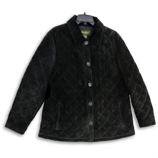 Womens Black Spread Collar Long Sleeve Button Front Quilted Jacket Size XXL image number 3